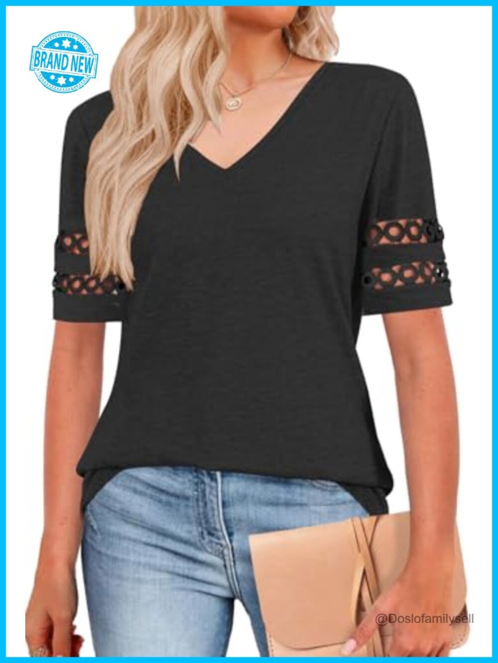 Womens Cotton Spandex V Neck Short Sleeve Lace Detail Loose Fit Tee